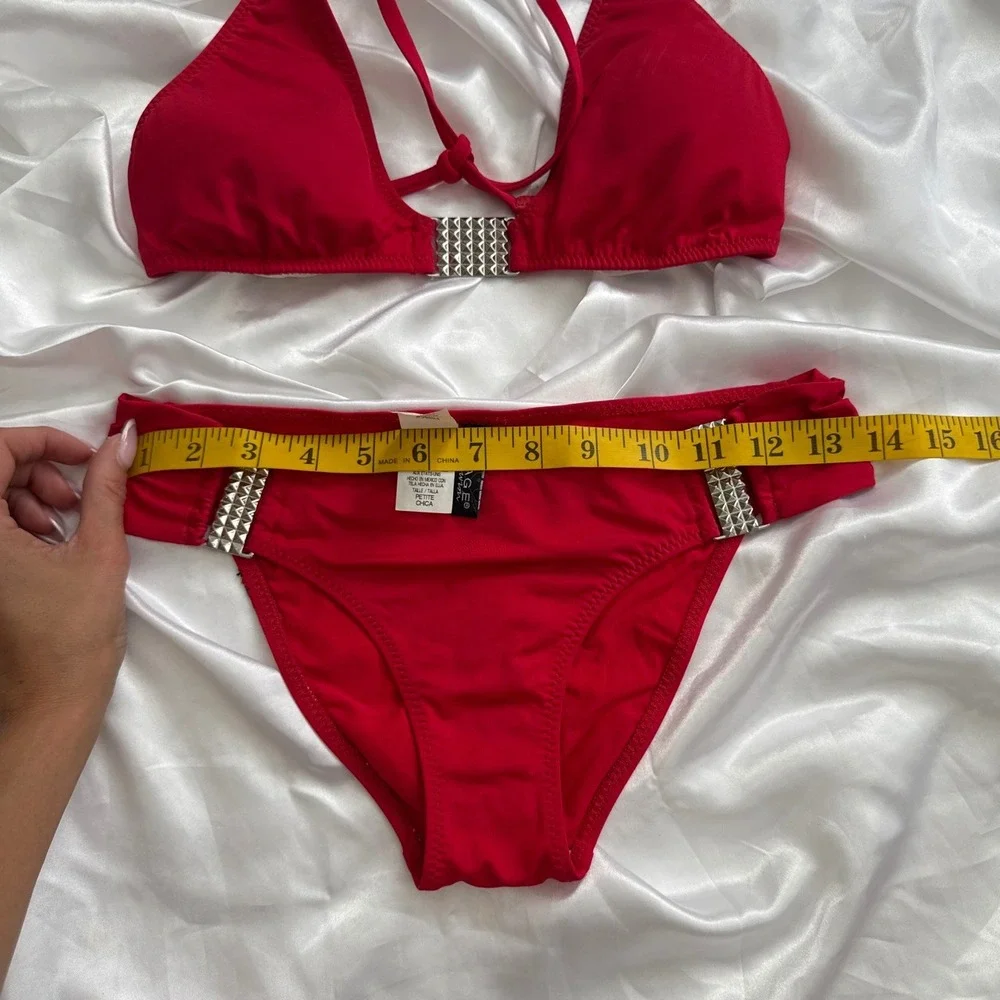 Rampage Red Studded Bikini Set Two Piece Halter Triangle Swimsuit Small